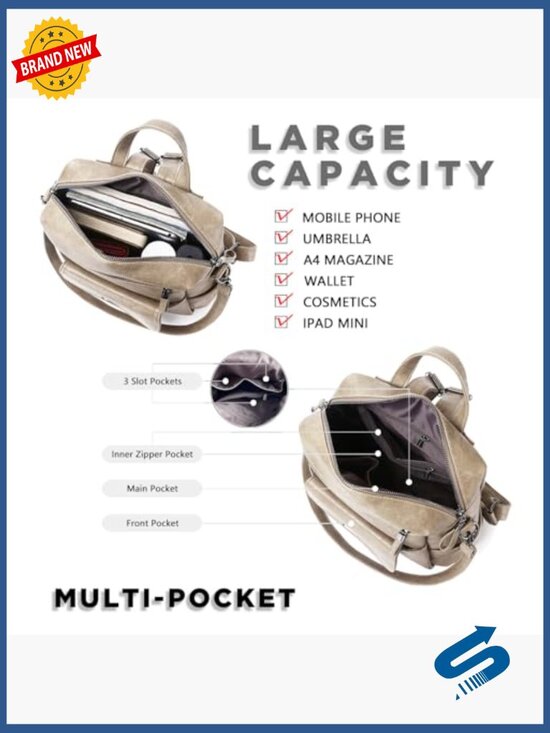 Faux Leather Backpack Purse with Multi Pockets - Adjustable Straps -